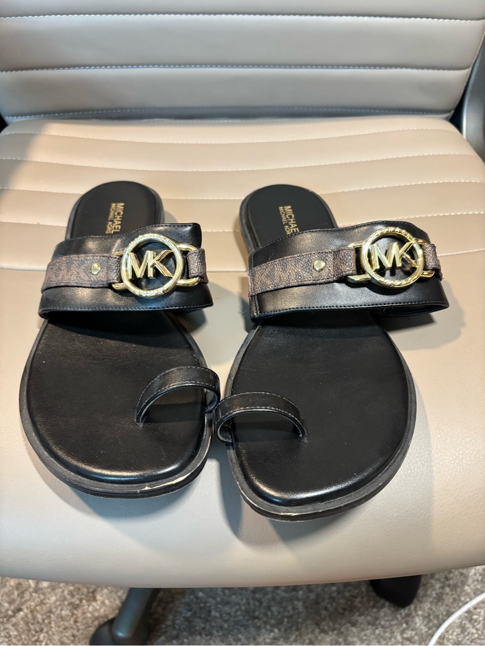 Michael Kors Black Logo Toe-Ring Slide Sandals with Gold Hardware